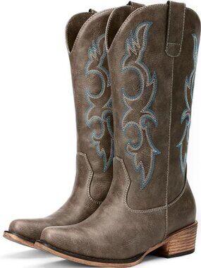 Cowboy Boots for Women - Mid Calf Cowgirl Boots Western Chunky Heel Pointed Toe